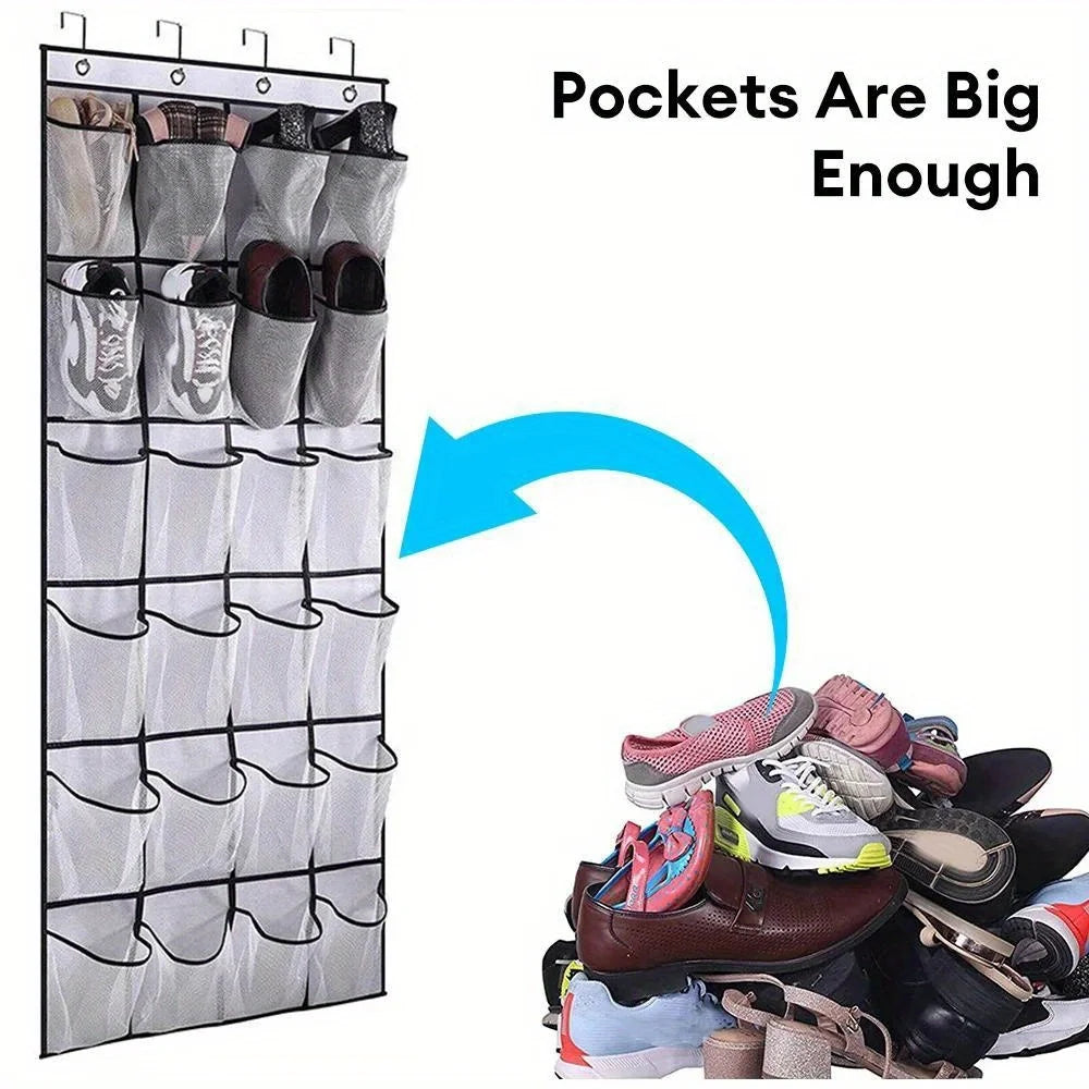 24-Grid Wall-Mounted Shoe Organizer – Fabric Closet Storage Rack with Mesh Pockets, Clear Hanging Over-the-Door Cloth Bag