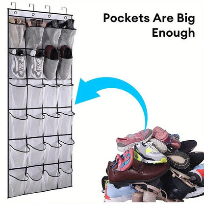 24-Grid Wall-Mounted Shoe Organizer – Fabric Closet Storage Rack with Mesh Pockets, Clear Hanging Over-the-Door Cloth Bag