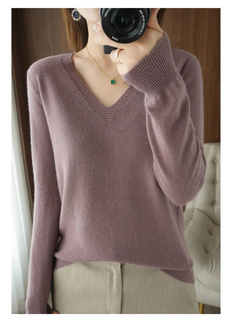 New Women’s Cashmere V-Neck Pullover – Lace Hollow Out Long Sleeve Knitted Sweater for Fall & Winter