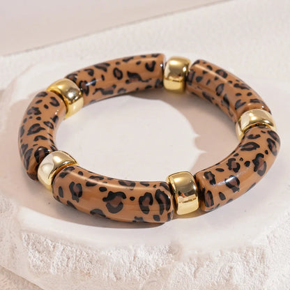 Leopard Print Bamboo Tube Acrylic Bracelets - Retro Stretch Beaded Bangles for Women & Men, Stackable Jewelry Gift