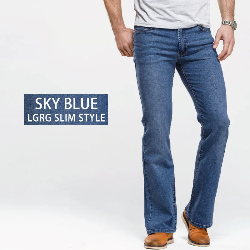 Men’s Bootcut Jeans — Slim Fit Stretch Denim Pants Slightly Flared Classic Designer Trousers Blue Black