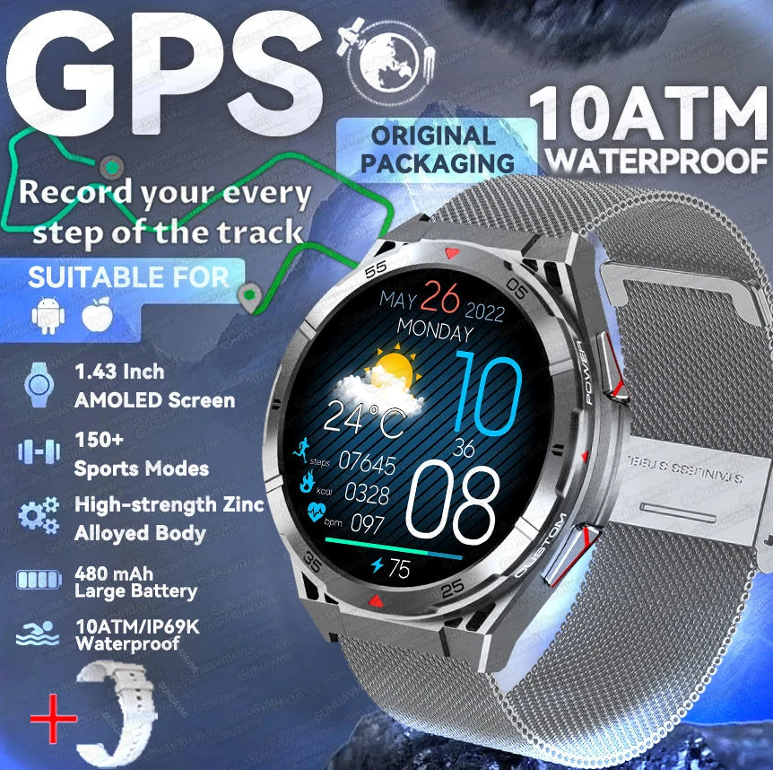 2025 Huawei Original Premium GPS Smartwatch — Ultra HD AMOLED Display, Built-in GPS, Bluetooth Call & 10ATM Waterproof Smart Bracelet