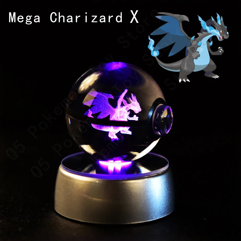 Pokemon 3D Crystal Ball Figurine — Pikachu, Gengar, Mew, Mewtwo Glass Statue with Lamp Base, Kids Birthday Gift