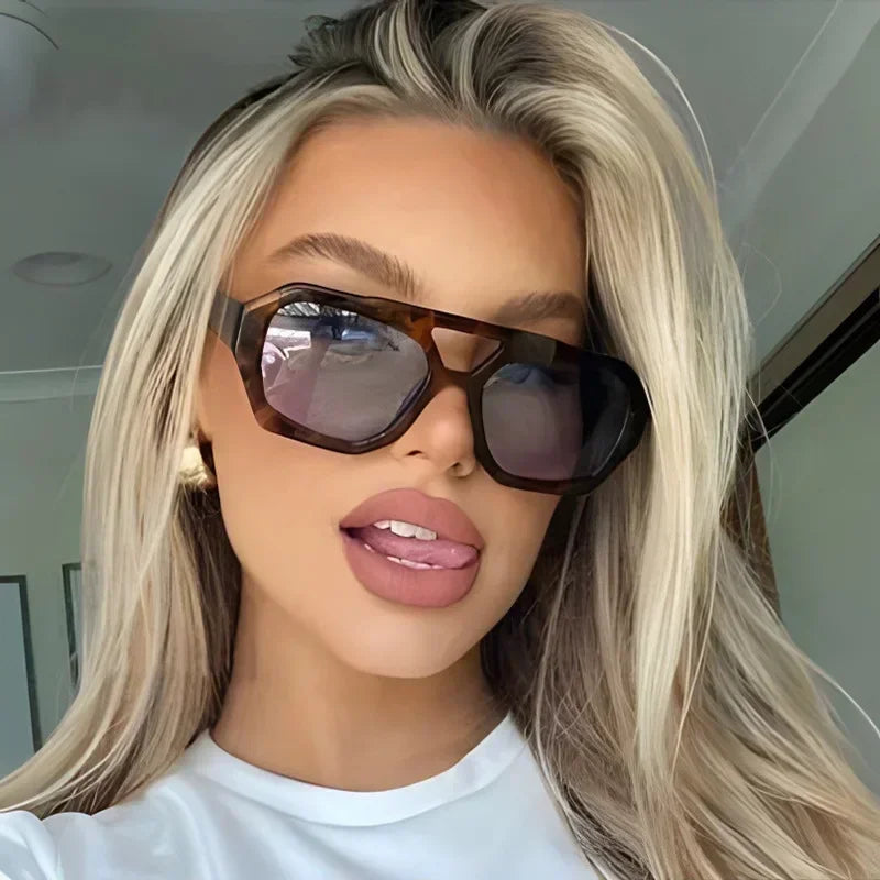 Retro Double Bridges Women's Sunglasses - Big Frame Leopard Brown Gradient Fashion Eyewear, Luxury Designer Shades for Men