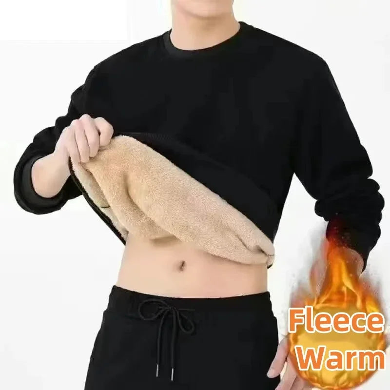 Men’s Autumn Winter Fleece Lined Long Sleeve Shirt – Warm Plush Casual Base T-Shirt, Korean Fashionable Top