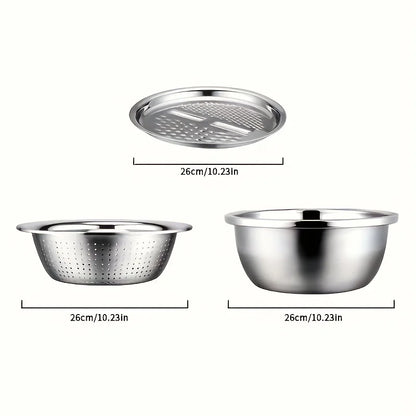 3-Piece Stainless Steel Strainer & Mixing Bowl Set – Multifunctional Fruit & Vegetable Washer and Slicer