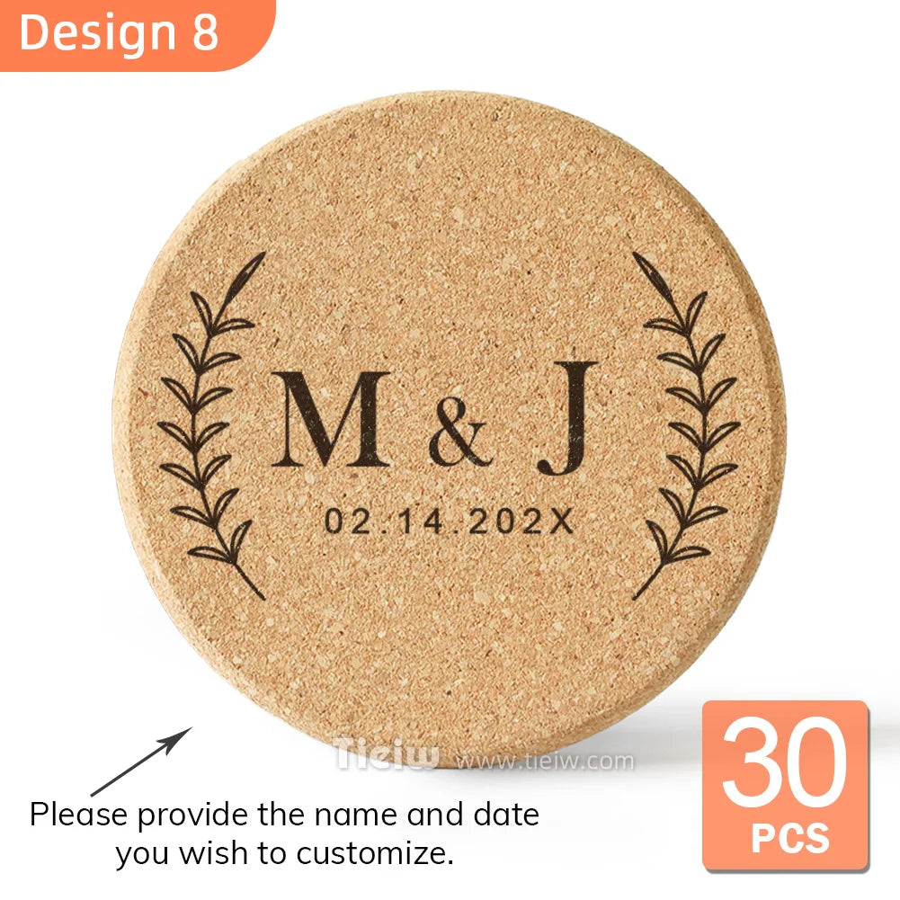 30-Piece Personalized Cork Coaster Set - Custom Tie Design Wedding Favors, Bridal Shower Gifts and Corporate Party Keepsakes