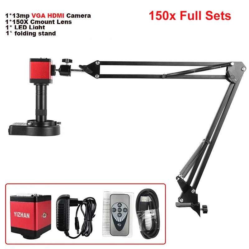 1080P 4K Industrial Microscope – 150X C-Mount Lens with 48MP/13MP Digital Camera, HDMI/USB-C/VGA for PCB Soldering & DIY