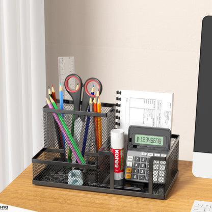 Mesh Desk Organizer Caddy with Pencil Holder and 3 Compartments for Office Desktop Storage – Black Office Supplies Organizer