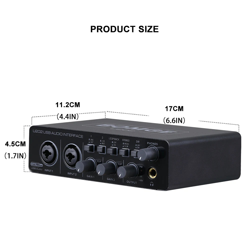 BOMGE U202 USB Audio Interface – Mic Preamplifier with XLR/TS/TRS Ports, 48V Phantom Power, 32-Bit/192kHz for Computer Recording & Streaming