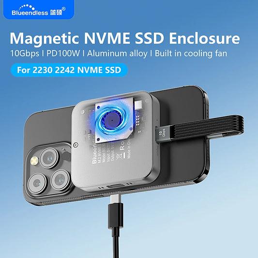 Blueendless Magnetic NVMe SSD Enclosure M2 2230/2242 with Cooling Fan, 100W PD USB-C Case for iPhone & Mac