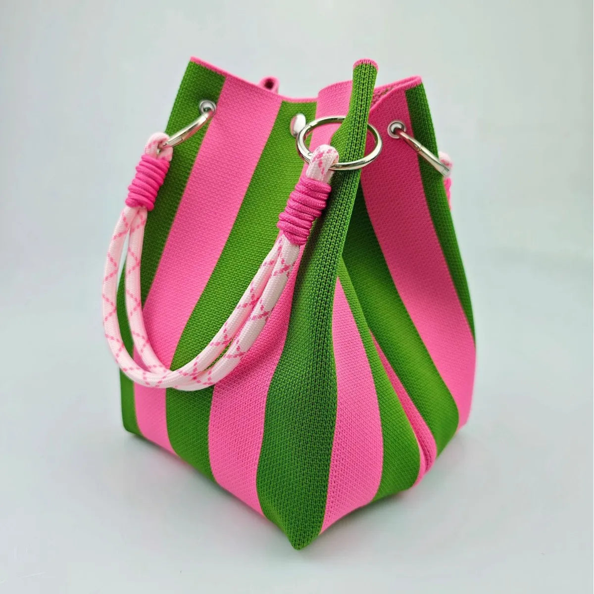 Colorful Stripe Bucket Handbag with Large Capacity, Rope Knot Design, Travel & Everyday Bag