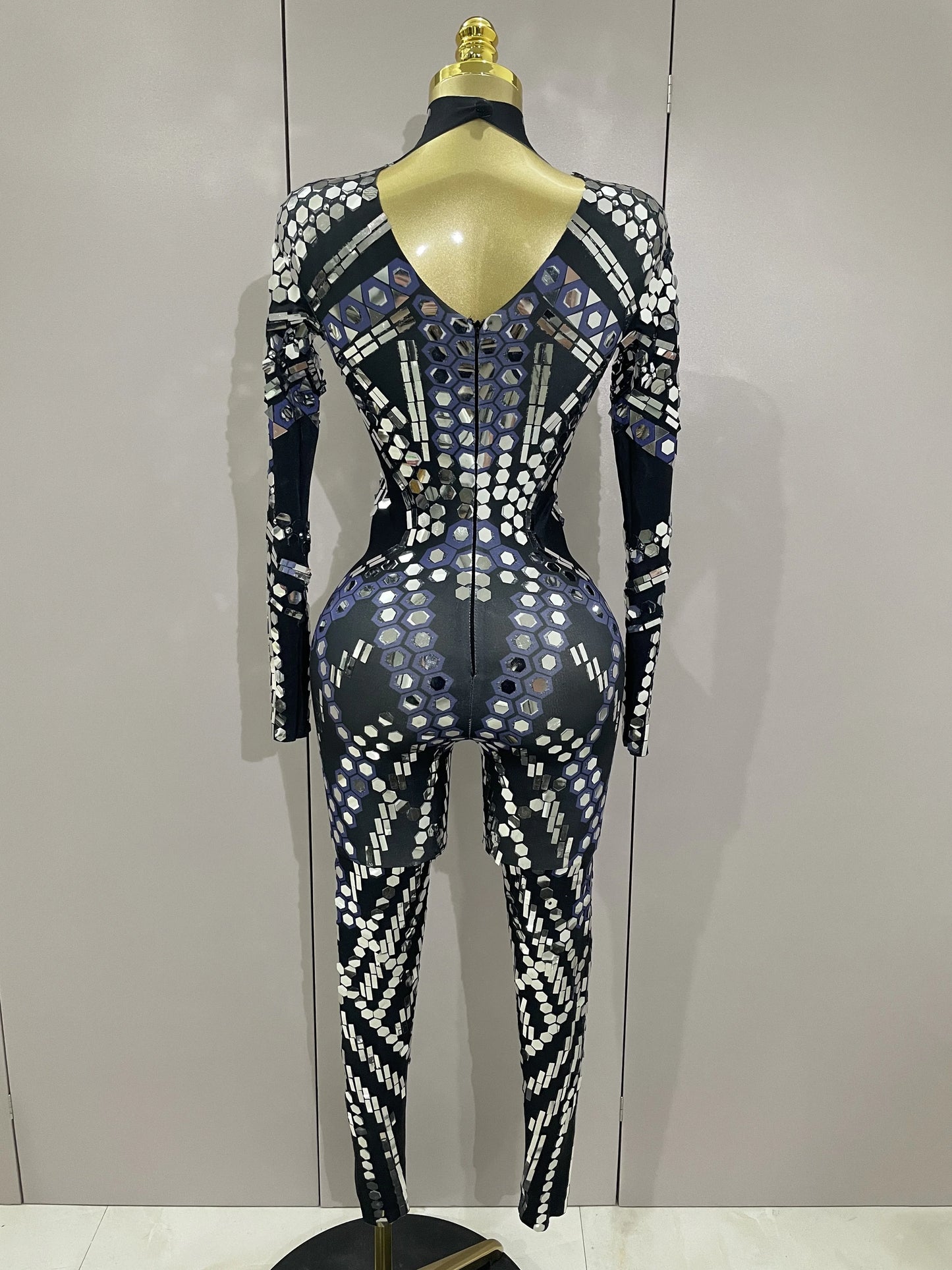 Sexy Shiny Silver Sequin & Black Spandex Jumpsuit — 2025 Women’s Prom, Dancer & Stage Performance Costume