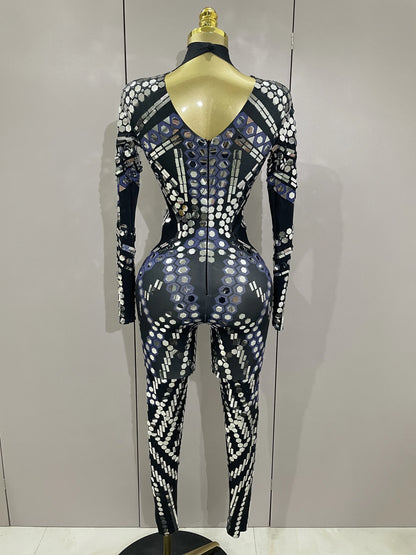 Sexy Shiny Silver Sequin & Black Spandex Jumpsuit — 2025 Women’s Prom, Dancer & Stage Performance Costume