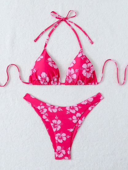 Retro Floral Print Bikini Set - Women's High Waisted Lace Up 2 Piece Summer Swimsuit Beachwear