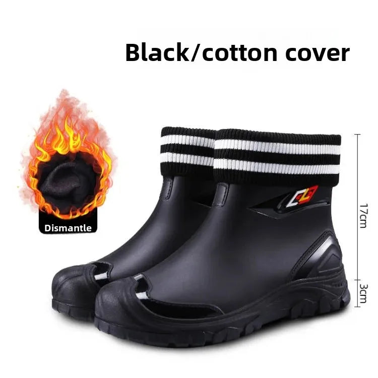 Men’s Ankle-High Fleece-Lined Rain Boots – Waterproof, Anti-Slip, Wear-Resistant Work & Fishing Shoes