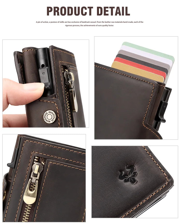 HUMERPAUL Men’s Pop-Up Card Holder – Crazy Horse Leather RFID Blocking Slim Wallet with Money Pocket & Metal Bank Card Case