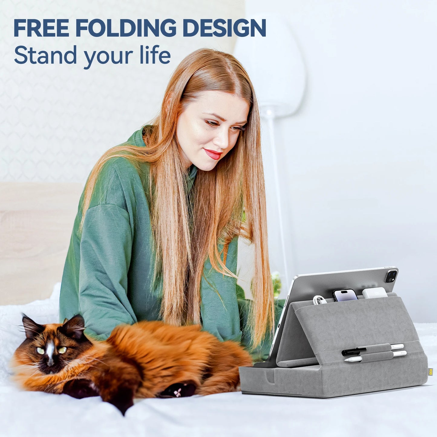 KDD Foldable Tablet Pillow Stand – Soft Lap & Desk Holder with Stylus Pocket for iPad Pro