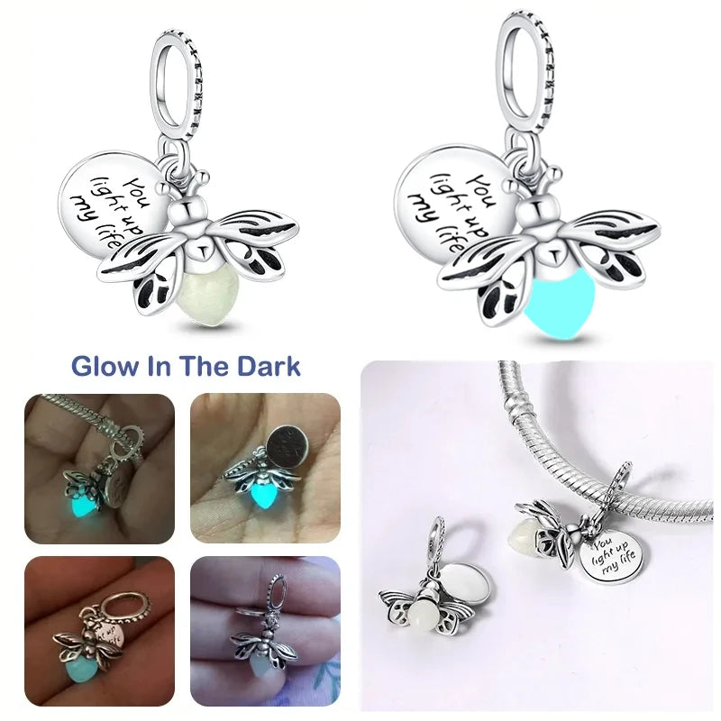 Chameleon Luminous Firefly & Butterfly Silver-Plated Charms - 925 Silver for DIY Bracelet Jewelry Making