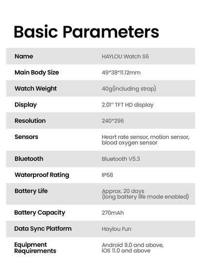 HAYLOU Watch S6 Smartwatch — 2.01" HD Display, Bluetooth Voice Calls, IP68 Waterproof Fitness Tracker