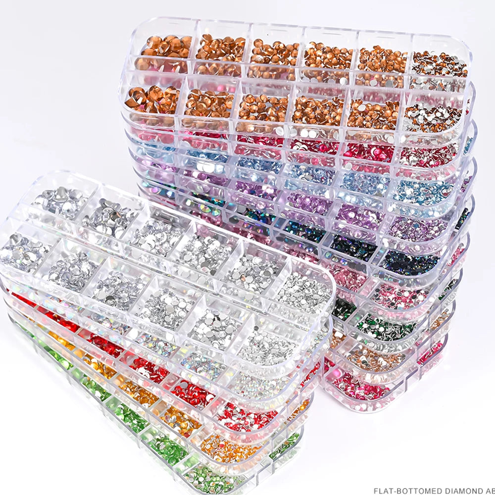 12-Grid Mixed Nail Rhinestones SS6-SS30 – Shiny Flat-Back Gems in Clear, Gold, Pink & Blue for Nail Art Decoration
