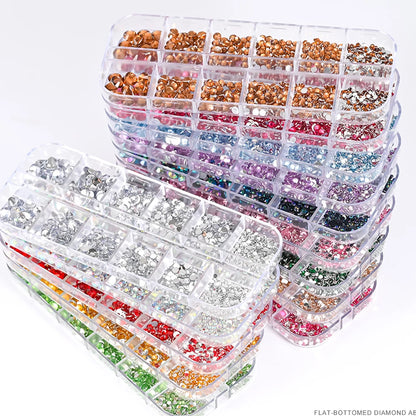 12-Grid Mixed Nail Rhinestones SS6-SS30 – Shiny Flat-Back Gems in Clear, Gold, Pink & Blue for Nail Art Decoration