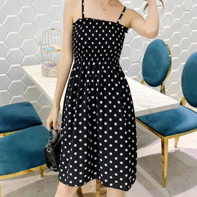 Women’s Summer Mini Dress – Casual Sleeveless Spaghetti Strap Chiffon Dress with Elastic High Waist