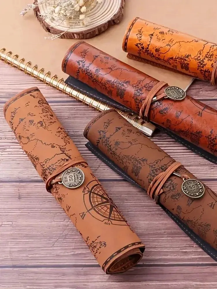 Creative Retro Leather Pencil Case – Large Capacity Roll-Up Bag with Embossed Treasure Map & Buckle Closure