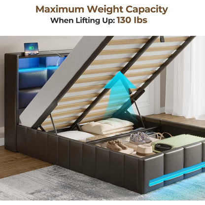 Twin Size Bed Frame with Lift-Up Storage – Charging Station, LED Lights & Upholstered Headboard, Heavy Duty Wooden Slats