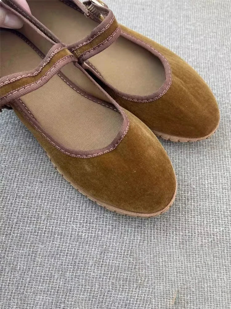 Women's Velvet Mary Jane Shoes – Hand-Stitched Ballet Flats, Casual Streetwear Loafers in Solid Colors