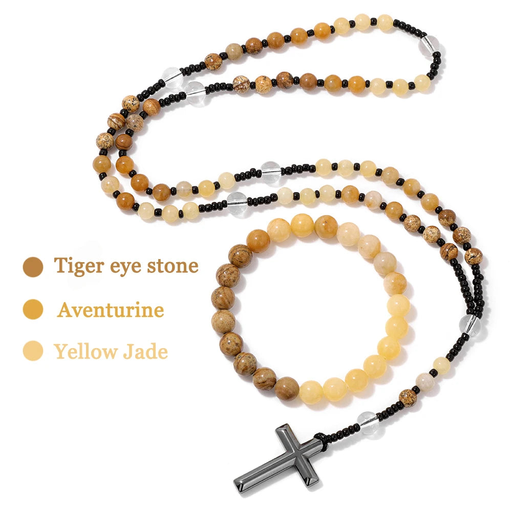6mm Tiger Eye Rosary Beads Necklace – Catholic Jesus & Virgin Mary Pendant Long Knotted Chain Religious Jewelry for Men & Women