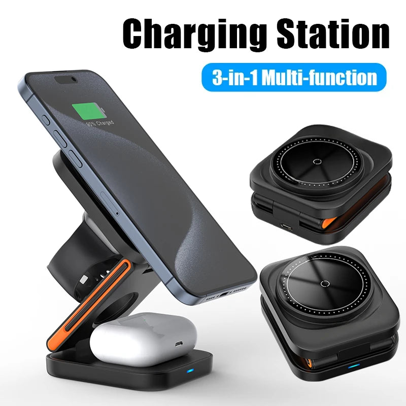 3-in-1 Foldable Magnetic Wireless Charging Station – Fast Charger Stand for iPhone 17–12, Apple Watch & AirPods Pro