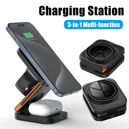 3-in-1 Foldable Magnetic Wireless Charging Station – Fast Charger Stand for iPhone 17–12, Apple Watch & AirPods Pro