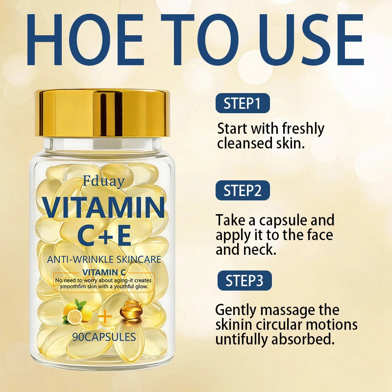 Vitamin C & E Essence Capsules – 90-Piece Collagen Moisturizing Facial Serum for Skin Nourishment, Hydration & Radiance