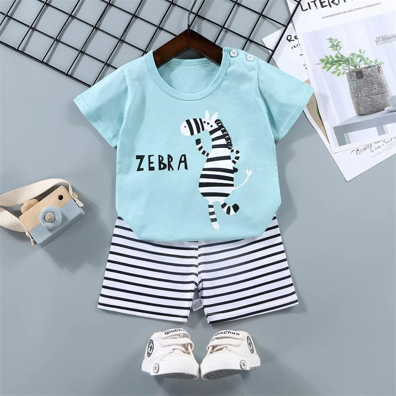 Kid Boy Summer 2-Piece Set – Soft Cotton Short Sleeve Tee & Stripe Shorts with Cartoon Zebra Print, Casual Sportswear for Ages 1-6