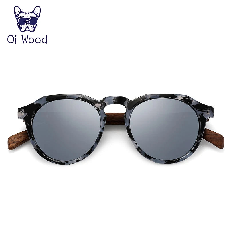 Oi Wood Round Sunglasses — Walnut Wood Frames with Red Lens & Tortoise Shell Design for Men & Women