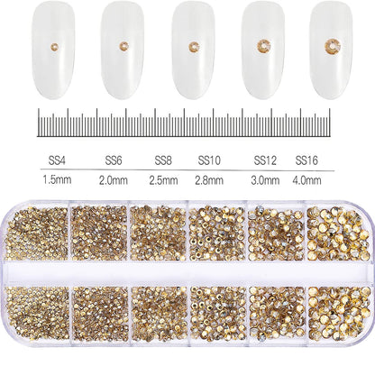 12-Grid Mixed Nail Rhinestones SS6-SS30 – Shiny Flat-Back Gems in Clear, Gold, Pink & Blue for Nail Art Decoration