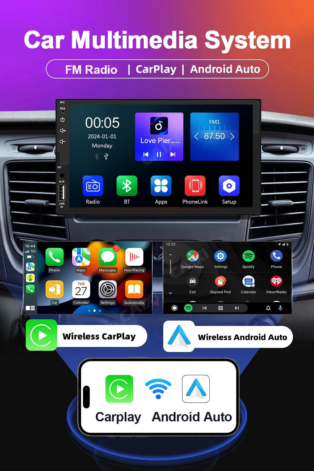 XIMA 7-Inch 2DIN Android Car Radio - Touchscreen MP5, CarPlay, Bluetooth, FM, USB & Camera
