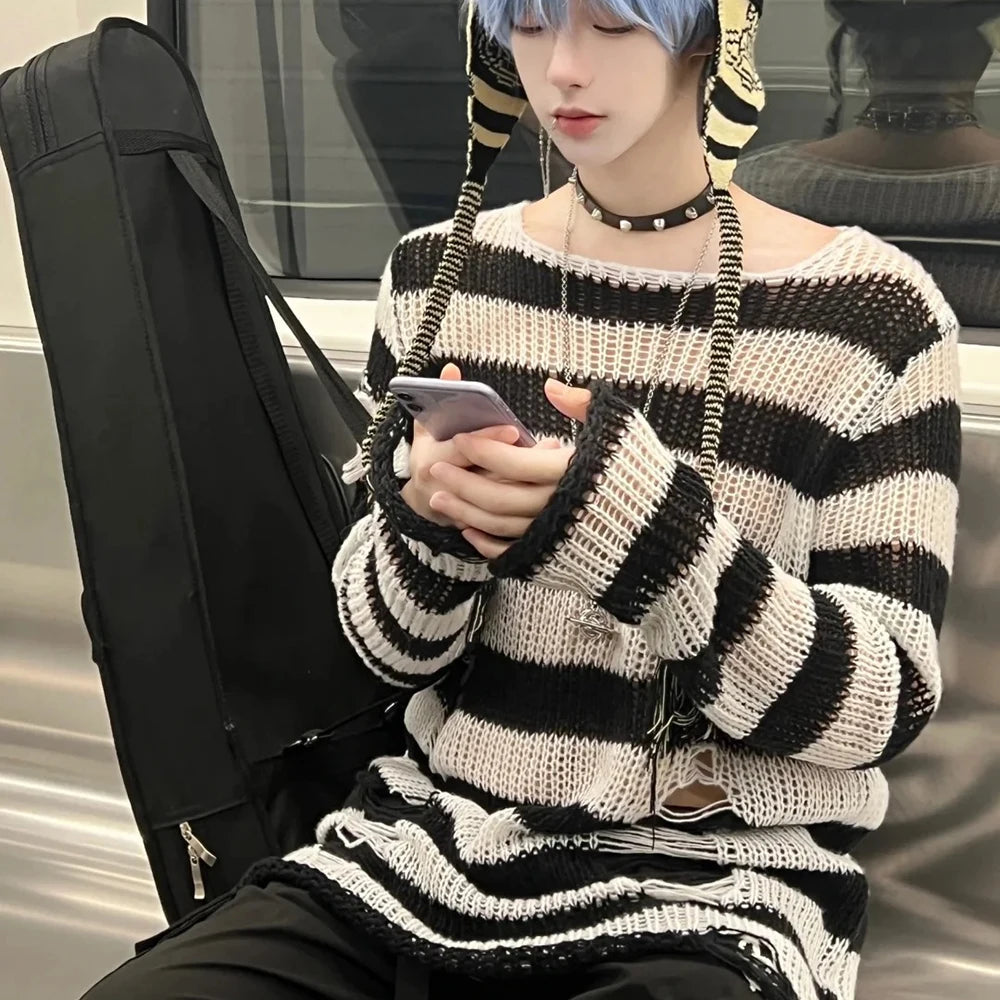 Anime NANA Okazaki Shinichi Cosplay Costume – Unisex Stripe Knitted Ripped Sweater for Autumn & Halloween
