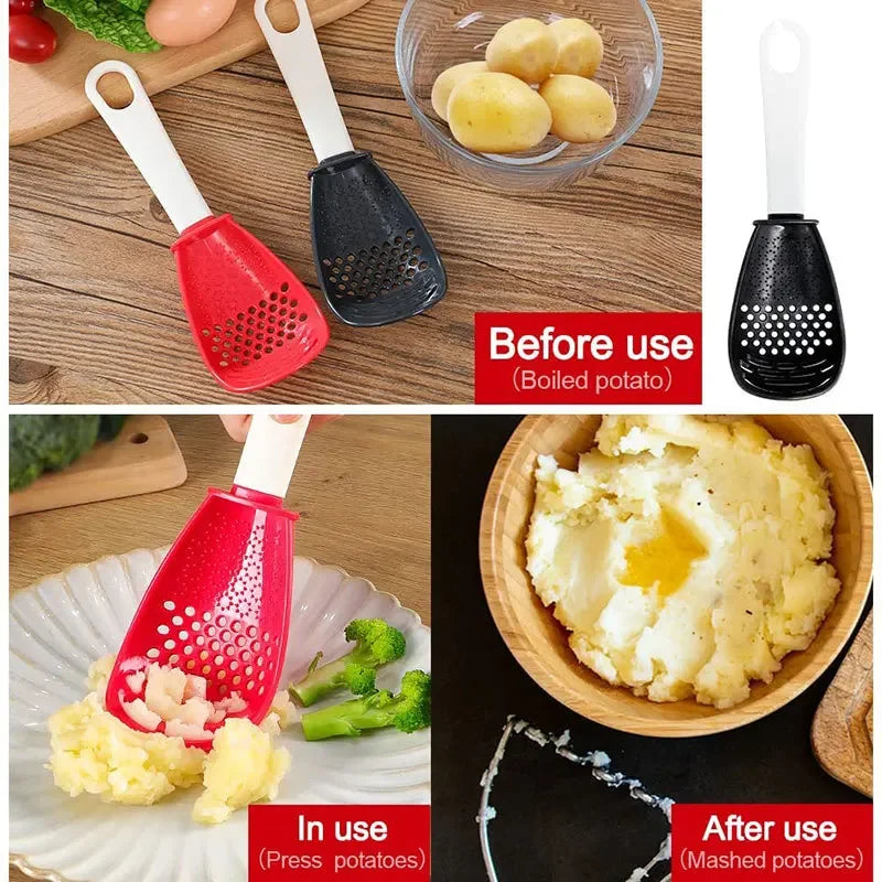 Multifunctional Kitchen Cooking Spoon - Strainer Scoop with Garlic Press, Hanging Hole, Potato & Egg Tool, Kitchen Accessory