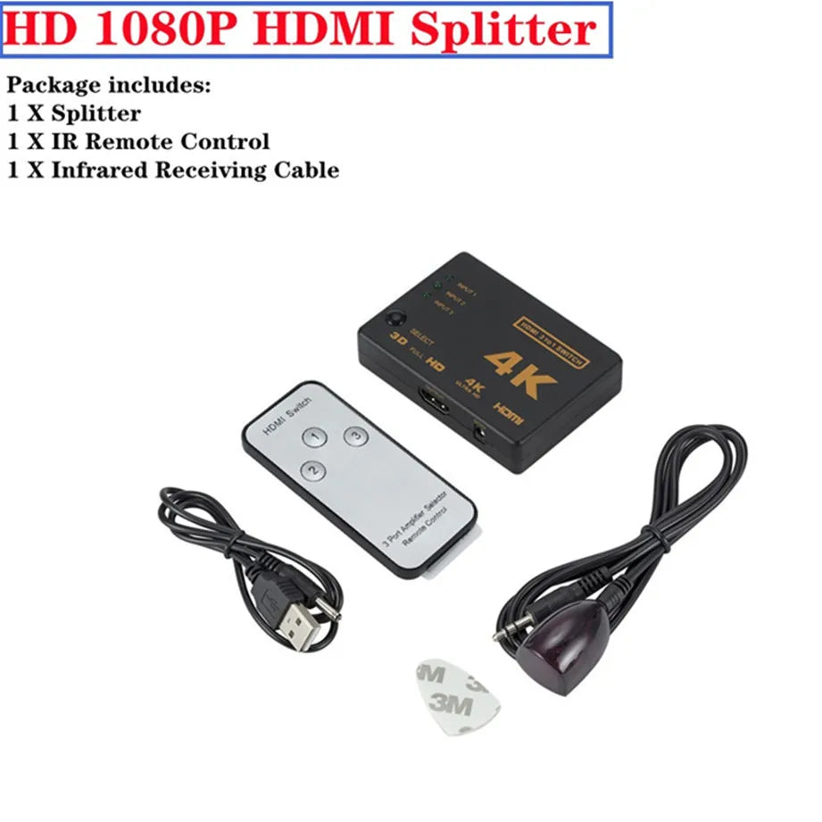 3x1 HDMI Switch 4K/1080P – 3 Input 1 Output Video Splitter Adapter Hub for Xbox, PS4, PC, Laptop & HDTV