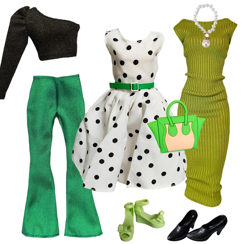 1/6 Doll Clothes Set — Handmade Fashion Outfits with Green Dress, Bag & Shoes for 12-Inch (30cm) Dolls