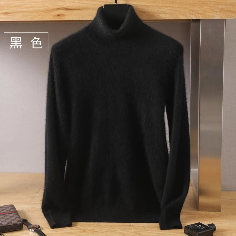 Men's Pure Mink Velvet Cashmere Sweater - High Lapel Long Sleeve Knitted Winter Luxury Pullover Top