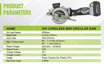 WORKPRO 20V Cordless Circular Saw with 115mm Blade – 710W Electric Power Tool for Wood & Tile Cutting (Laser & No Laser Options)