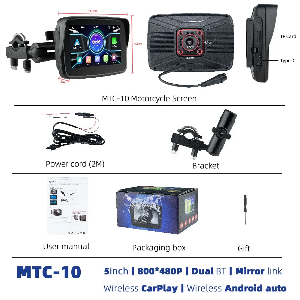 EVKEY MTC13 Motorcycle Navigation Display - Waterproof CarPlay Screen, Portable Wireless Monitor with Android Auto