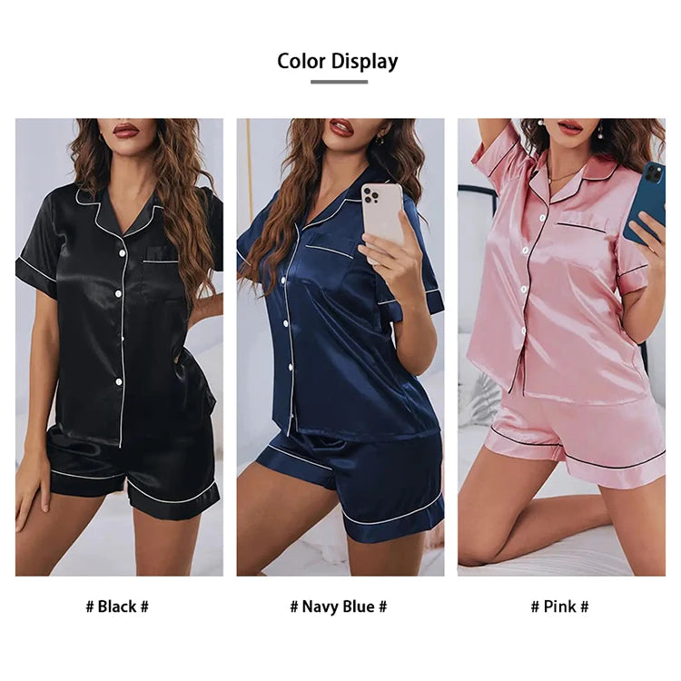 Women's Satin Pajamas Set – Summer Two-Piece Sleepwear with Button-Down Top and Shorts, Comfortable Nightwear Loungewear