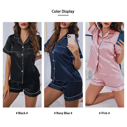 Women's Satin Pajamas Set – Summer Two-Piece Sleepwear with Button-Down Top and Shorts, Comfortable Nightwear Loungewear