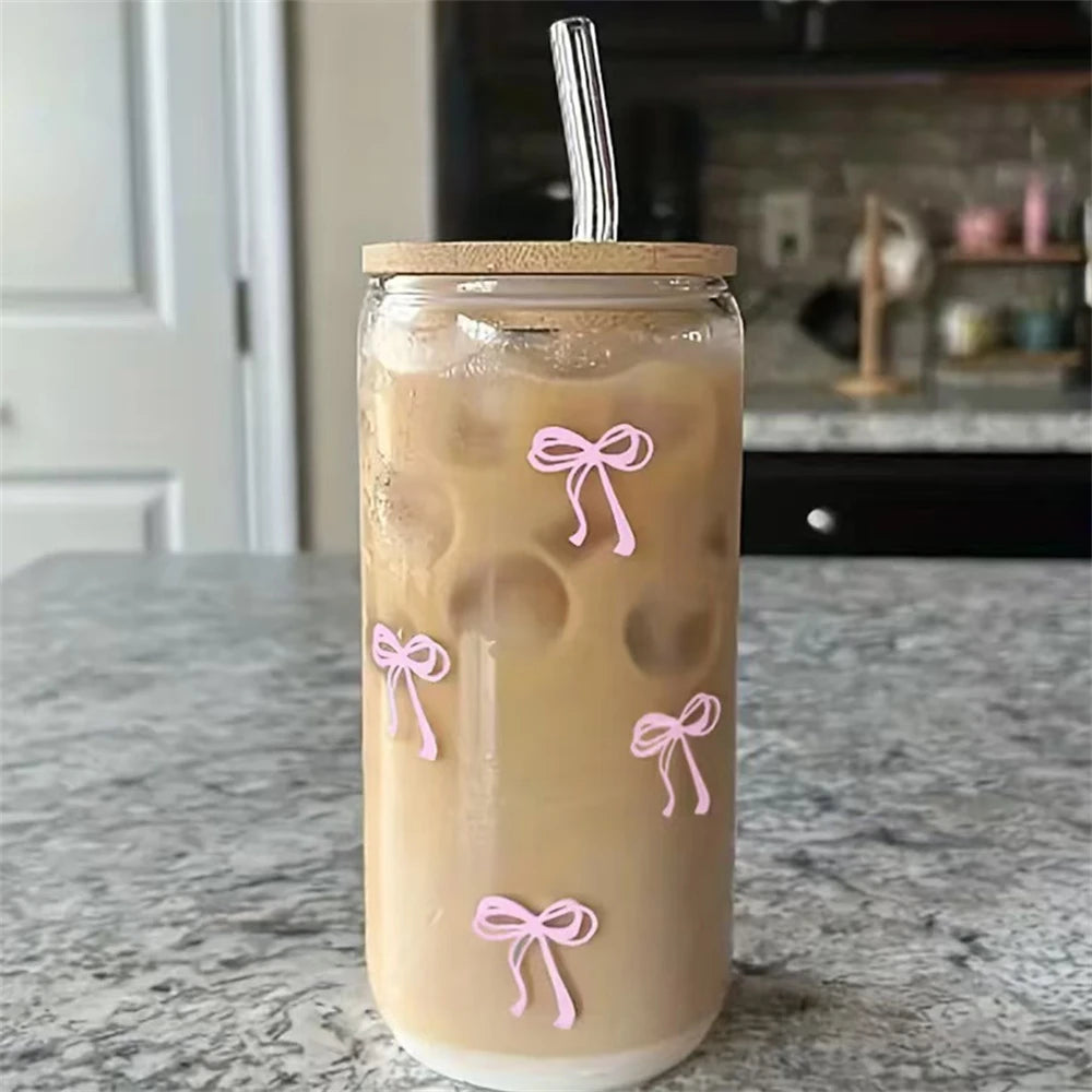 500ml Pink Bow Glass Tumbler with Lid & Straw - Cute Cup for Iced Coffee, Matcha, Smoothies & Juice