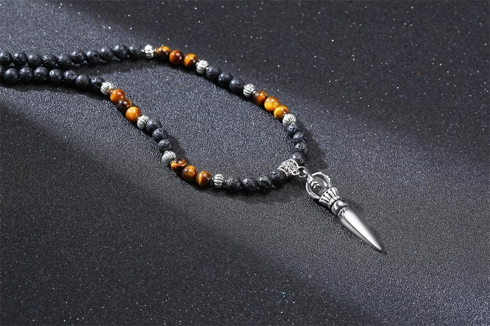 Men's Tibetan Phurba Kilaya Necklace – Tiger’s Eye & Lava Stone Spiritual Dagger Jewelry