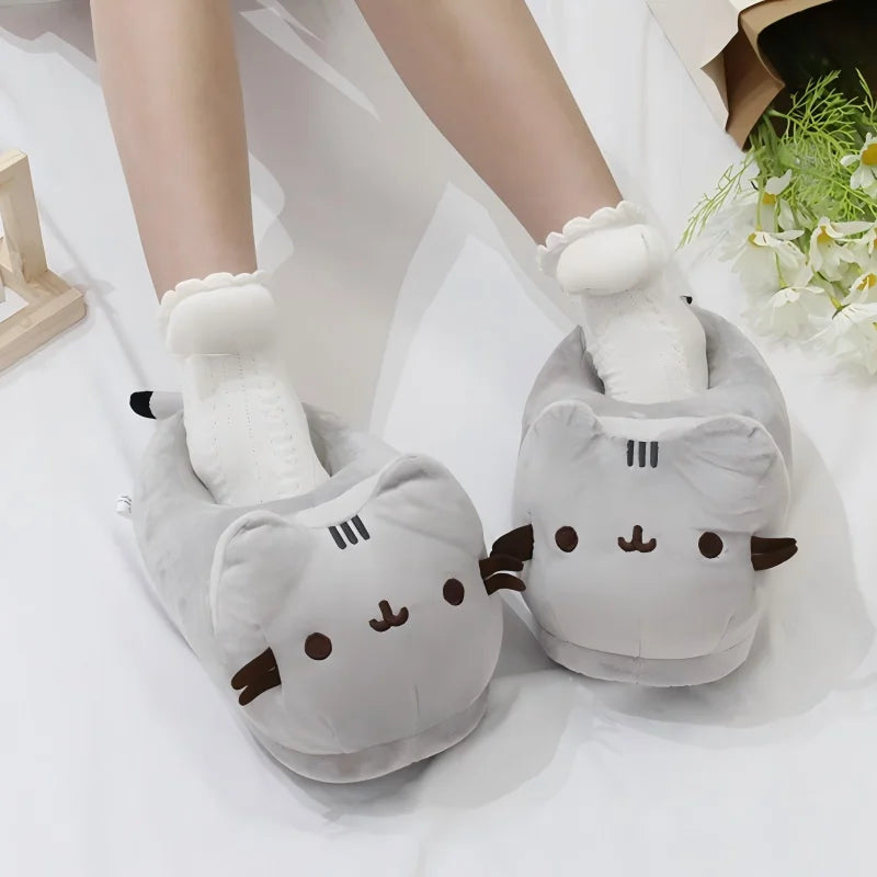 Pusheen Cat Plush Slippers - Cute Chubby Cat Indoor House Shoes, Warm Cozy Footwear for Halloween, Christmas, and Cosplay Gifts